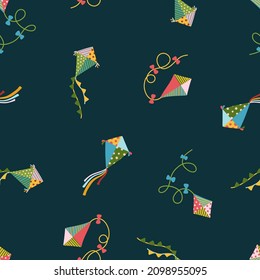 Flying kites seamless vector pattern. Summer children's endless background for baby clothes, bedding, wallpaper, scrapbooking. Flat, cartoon texture.