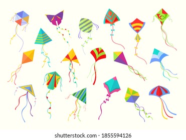 Flying kites set. Beautiful geometric shaped fixtures colored fun for launching into sky paper cardboard joys active childrens summer hobby with ribbons and bows in open air. Cartoon vector freedom.