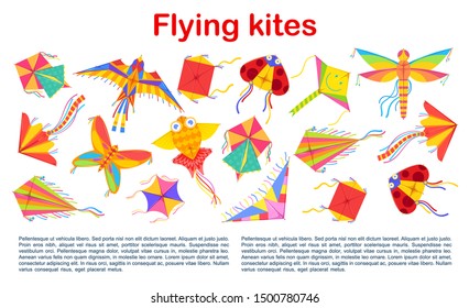 Flying kites in shape of insects, birds and fish, international Kites Day holiday. Vector wind toy, active pastime and entertainment. Ladybug, butterfly and dragonfly playing toy of paper and fabric