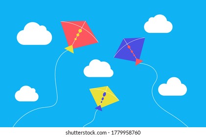 Flying kites in sky clouds background