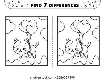 Flying kitten. Cute. Find 7 differences. Black and white game for kids. Isolated vector illustration eps 10