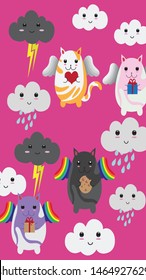flying kitty pattern winged kawaii with cloud and rainbow 
