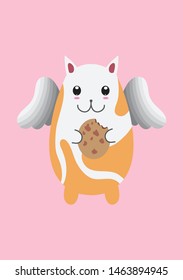 flying kitty winged kawaii holding cookies in his hands