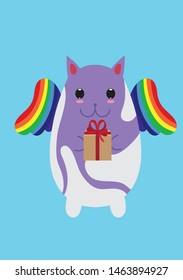 flying kitty winged kawaii holds a gift in his hand