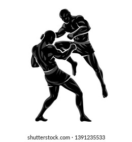 Flying Knee. Effective and powerful kicking strike with a jump. Mixed Martial Arts. MMA fighters. Single combat. Full contact. Fight of the muscular boxers. Knockout. Black silhouette. Isolated image