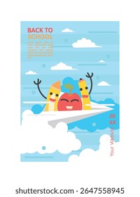Flying to Knowledge, a Whimsical Back to School Poster with Happy Apple and Pencils