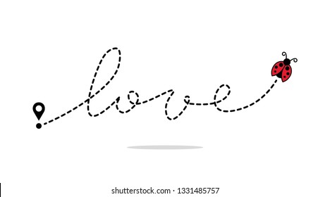 Flying Lady Bug on Dotted Route with Handwritten Love Text