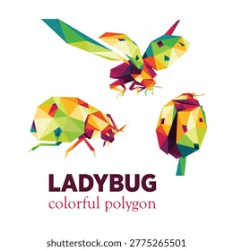 Flying Ladybug colorful polygonal low poly set. Collection of Ladybug colorful illustration. Flying ladybug colorful logo illustration set