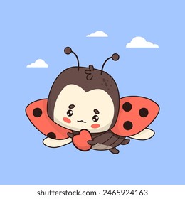 Flying ladybug with heart. Cute cartoon insect kawaii character. Vector illustration