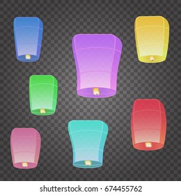 Flying lantern set. Colorful chinese balloons on transparent background. Traditional asian lamps. Isolated pastel flying lantern. For festival invitation, birthday, party celebration.