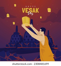Flying lanterns on Vesak festival night celebration flat illustration