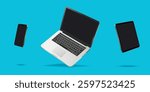 Flying laptop, cellphone and tablet pc mockup