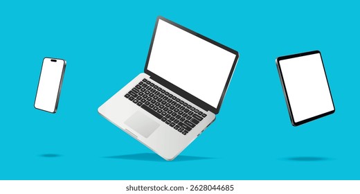 Notebook voador, celular e tablet PC com maquete de tela branca