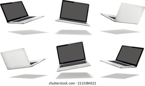 Flying laptop mock up with blank empty screen with shadow