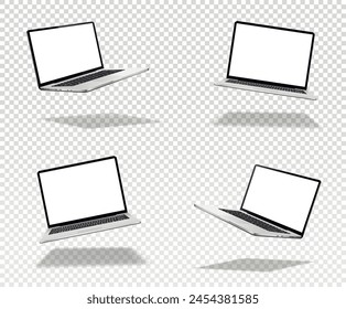 Flying laptop mock up with blank screen isolated