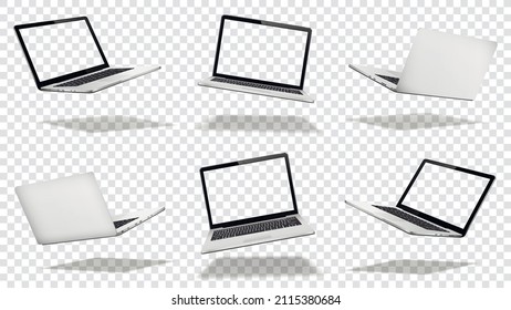 Flying Laptop Mock Up With Transparent Screen Isolated