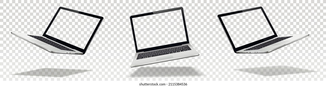 Flying laptop mock up with transparent screen isolated