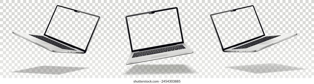 Flying laptop mock up with transparent screen isolated