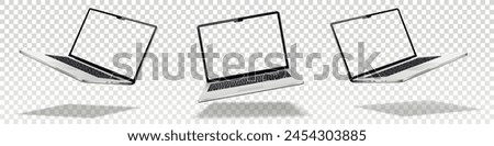 Flying laptop mock up with transparent screen isolated