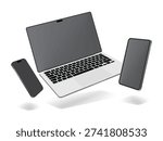 Flying Laptop Smartphone and Tablet Mockup Set with Blank White Screens Isolated on Background, Responsive Device Display Vector Illustration