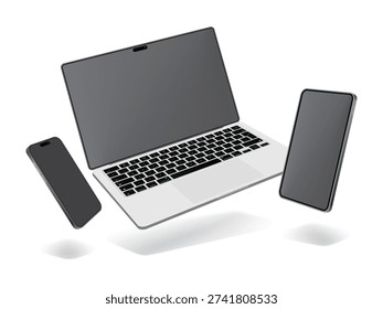 Flying Laptop Smartphone and Tablet Mockup Set with Blank White Screens Isolated on Background, Responsive Device Display Vector Illustration