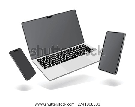 Flying Laptop Smartphone and Tablet Mockup Set with Blank White Screens Isolated on Background, Responsive Device Display Vector Illustration