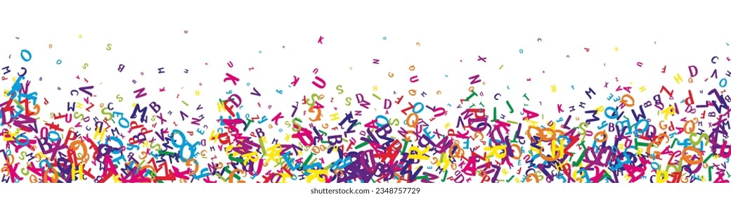 Flying latin letters. Colorful childish scattered charachters of English alphabet. Foreign languages study concept. Back to school banner on white background.