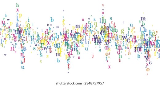 Flying latin letters. Colorful childish scattered charachters of English alphabet. Foreign languages study concept. Back to school banner on white background.