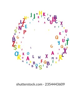 Flying latin letters. Colorful childish scattered charachters of English alphabet. Foreign languages study concept. Back to school banner on white background.