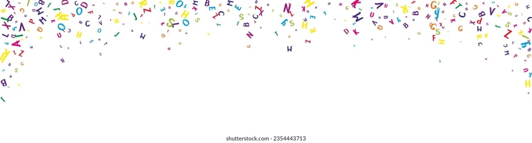 Flying latin letters. Colorful childish scattered charachters of English alphabet. Foreign languages study concept. Back to school banner on white background.