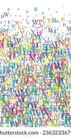 Flying latin letters. Colorful childish scattered charachters of English alphabet. Foreign languages study concept. Back to school banner on white background.