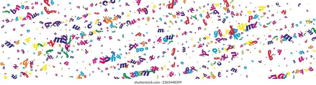 Flying latin letters. Colorful childish scattered charachters of English alphabet. Foreign languages study concept. Back to school banner on white background.