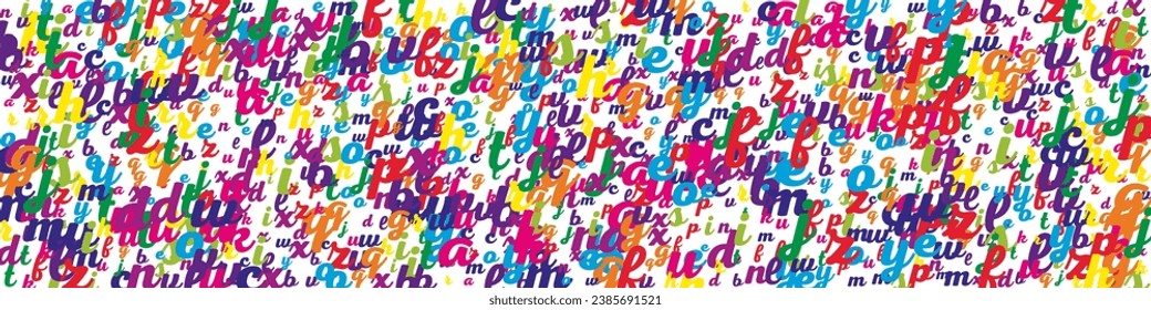 Flying latin letters. Colorful childish scattered charachters of English alphabet. Foreign languages study concept. Back to school banner on white background.