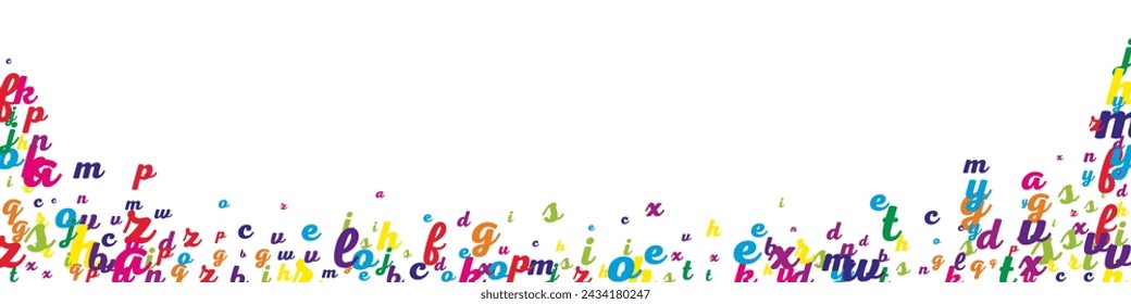 Letras latinas voladoras. Coloridos caracteres infantiles dispersos del alfabeto inglés. Concepto de estudio de lenguas extranjeras. Banner de regreso a la escuela sobre fondo blanco.