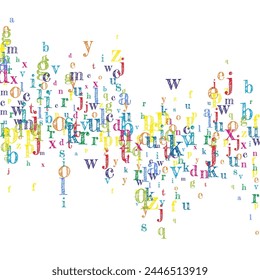 Flying latin letters. Colorful childish scattered charachters of English alphabet. Foreign languages study concept. Back to school banner on white background.