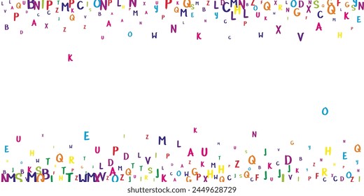 Flying latin letters. Colorful childish scattered charachters of English alphabet. Foreign languages study concept. Back to school banner on white background.