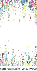Flying latin letters. Colorful childish scattered charachters of English alphabet. Foreign languages study concept. Back to school banner on white background.