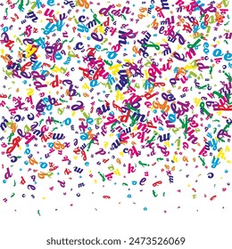Flying latin letters. Colorful childish scattered charachters of English alphabet. Foreign languages study concept. Back to school banner on white background.