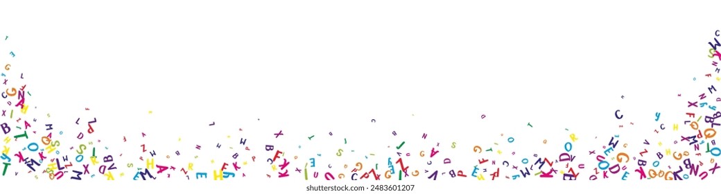 Flying latin letters. Colorful childish scattered charachters of English alphabet. Foreign languages study concept. Back to school banner on white background.