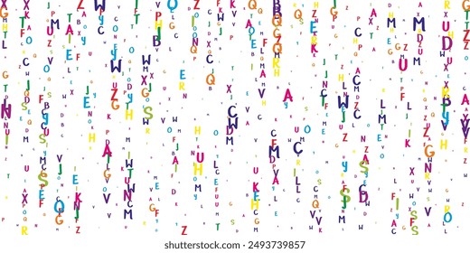 Flying latin letters. Colorful childish scattered charachters of English alphabet. Foreign languages study concept. Back to school banner on white background.
