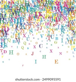 Flying latin letters. Colorful childish scattered charachters of English alphabet. Foreign languages study concept. Back to school banner on white background.