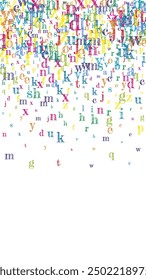 Flying latin letters. Colorful childish scattered charachters of English alphabet. Foreign languages study concept. Back to school banner on white background.