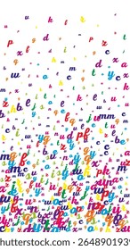 Letras latinas voadoras. Caracteres infantis coloridos dispersos do alfabeto inglês. Conceito de estudo de línguas estrangeiras. De volta ao banner da escola sobre fundo branco.