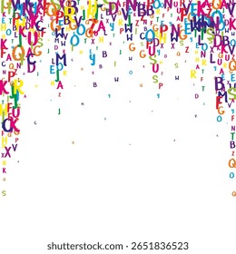 Letras latinas voadoras. Caracteres infantis coloridos dispersos do alfabeto inglês. Conceito de estudo de línguas estrangeiras. De volta ao banner da escola sobre fundo branco.