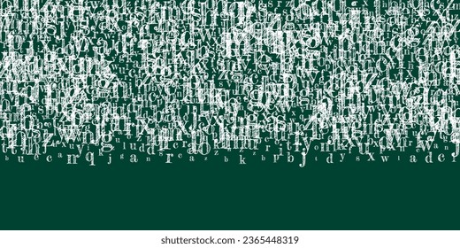 Flying latin letters. White chalk  scattered charachters of English alphabet. Foreign languages study concept. Back to school banner on blackboard background.