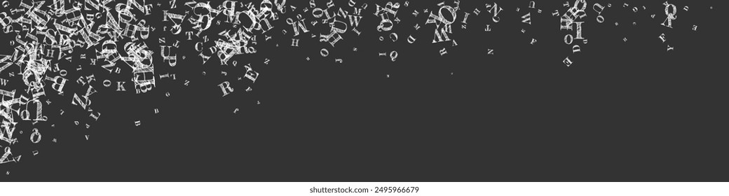 Flying latin letters. White chalk  scattered charachters of English alphabet. Foreign languages study concept. Back to school banner on blackboard background.