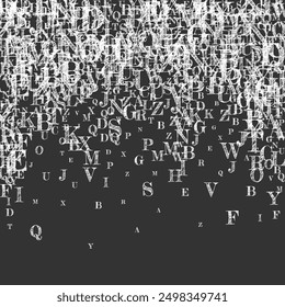 Flying latin letters. White chalk  scattered charachters of English alphabet. Foreign languages study concept. Back to school banner on blackboard background.