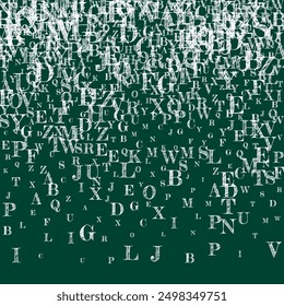 Letras latinas voladoras. Caracteres dispersos de tiza blanca del alfabeto inglés. Concepto de estudio de lenguas extranjeras. Anuncio de regreso a la escuela sobre fondo de pizarra.