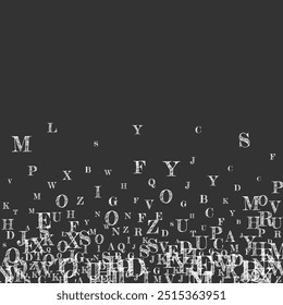 Flying latin letters. White chalk  scattered charachters of English alphabet. Foreign languages study concept. Back to school banner on blackboard background.