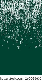 Letras latinas voadoras. Caracteres dispersos em giz branco do alfabeto inglês. Conceito de estudo de línguas estrangeiras. De volta ao banner da escola no fundo do quadro negro.